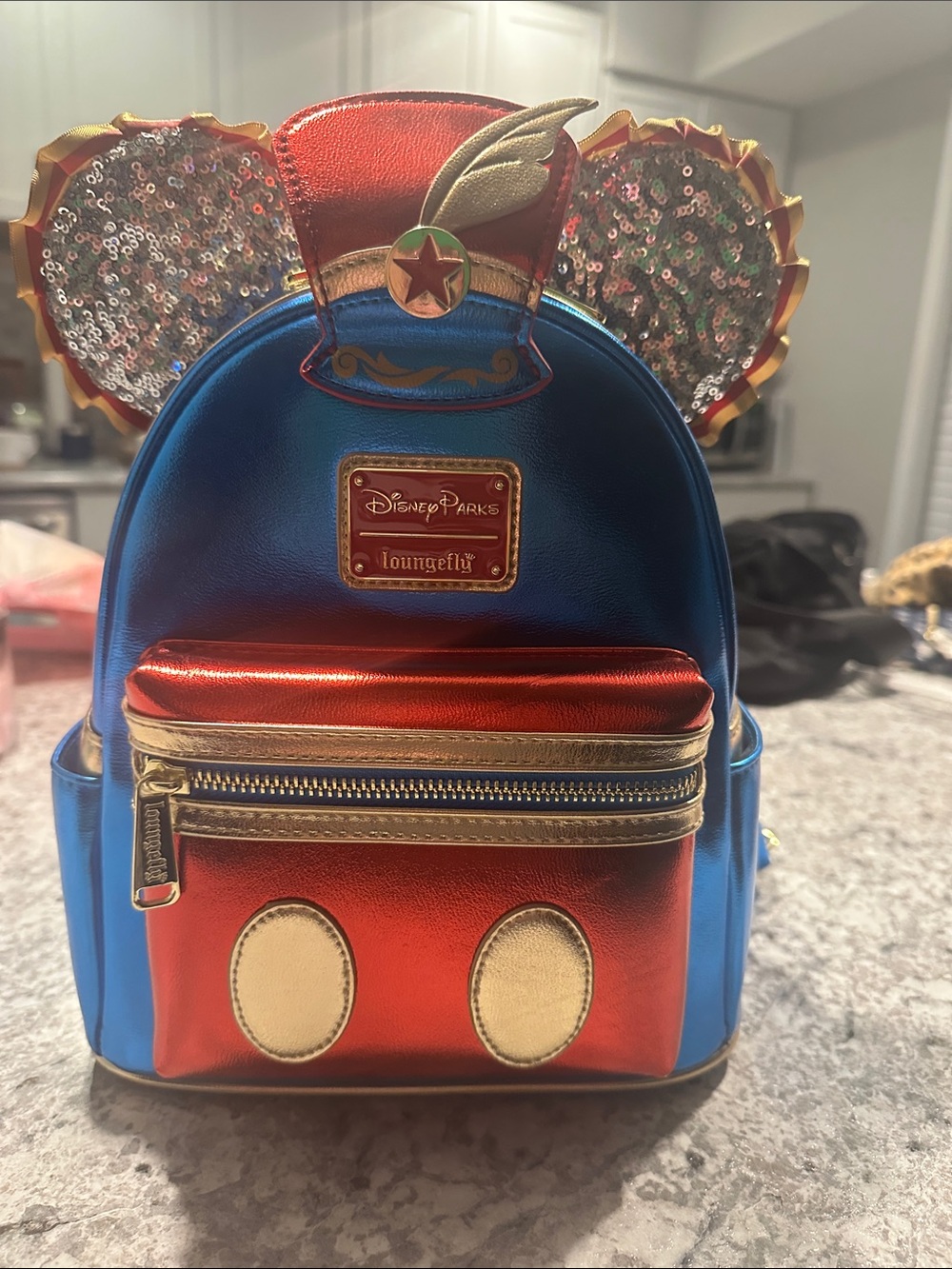 Loungefly Metallic Mickey Ears Mini Backpack in Blue, Red & Gold